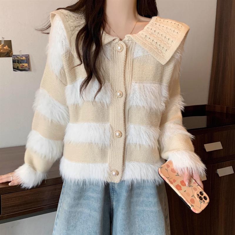 2024 Autumn/Winter Age-Defying Doll Collar Patchwork Stripe Plush Knit Sweater in Lazy Style