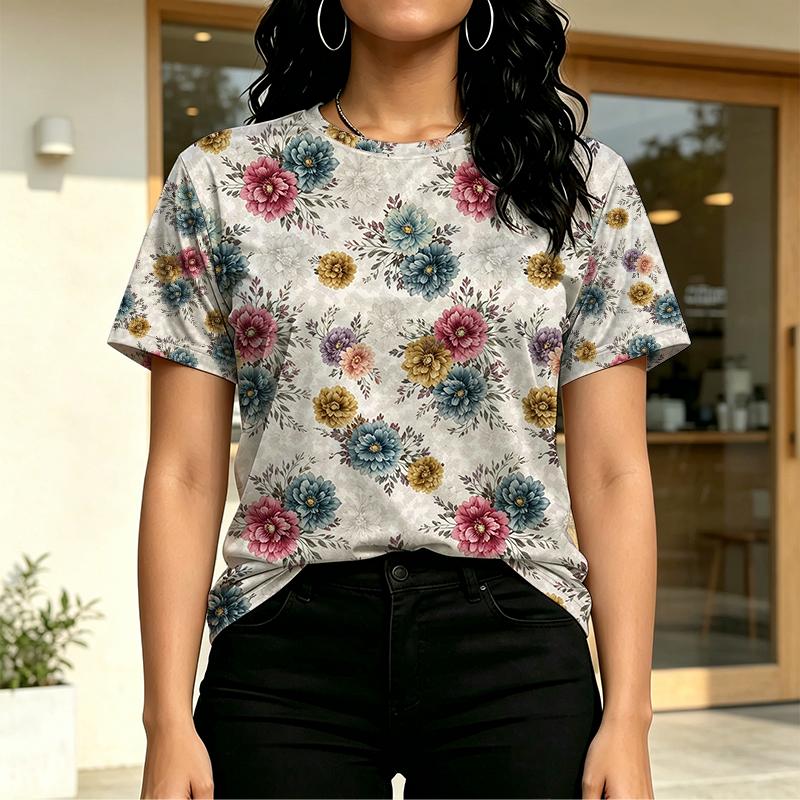 Plus Size Women's T-Shirts Relaxed Loose Fit,Colorful Floral Print,Soft Fabric,Versatile for Daily Casual,Home & Office Wear