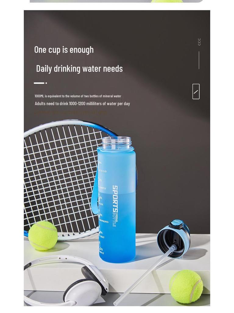 Fashionable Large-Capacity Water Bottle with Lanyard – Gradient Frosted Design for Men, Women, and Students 1L Outdoor Sports Bottle