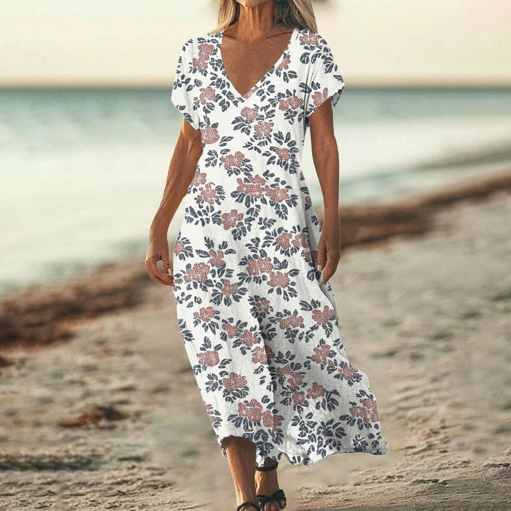 Fashion Women's Summer V-Neck Short Sleeve Floral Print Beach Dress