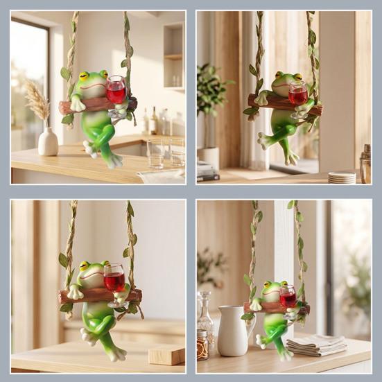 Frog on A Swing Ornament Compact Resin with Hemp Rope Hanging Decor Relaxing Garden Table Decorations for Indoor Outdoor