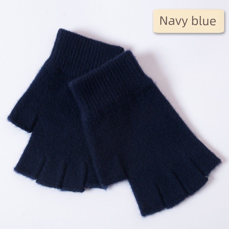 

K-style New Cashmere Half Finger Five Finger Gloves Female Fall and Winter Woolen Yarn Finger Open Finger Male Student Knitting Warm and Cute Navy blue [P-finger half-finger gloves]] All yards
