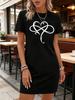 Women's Dress with Heart-Shaped Pattern Print, Casual Round-Neck Short-Sleeved Fashionable Dress