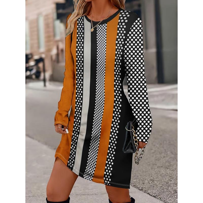 Womens Heart Print Round Neck Long Sleeve Plaid Patchwork Midi Dress Elegant Casual Office Wear