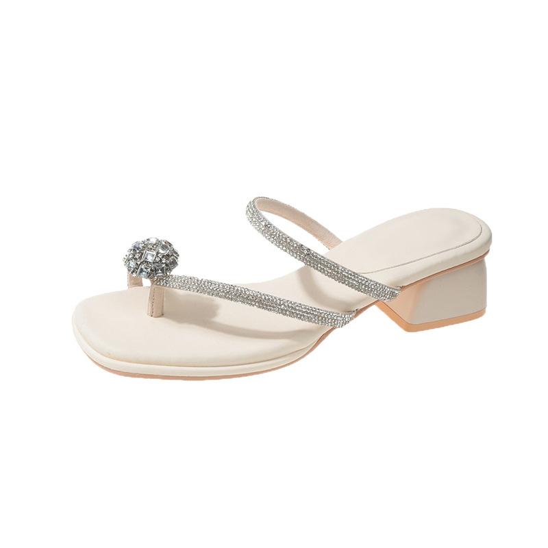 Wunderschöne Strass-Blumen-Slipper Damen Sommerbekleidung 2025 neu Französische Zehensteg Dicke Ferse Exquisit mit Rock Sandalen