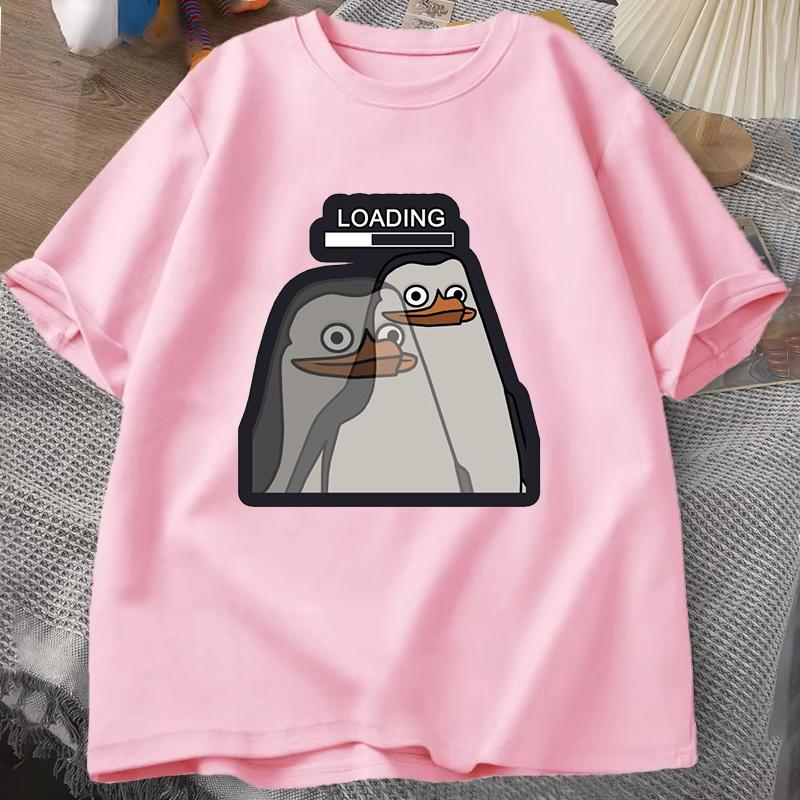 

New Funny Loading Letter Cartoon Penguin Printing T Shirt Short Sleeve Round Neck Summer Casual Tshirt Top Women Clothing S