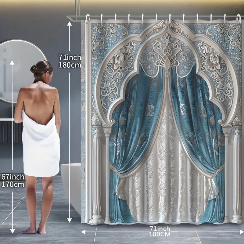 1/4 buc loral Fereastră Arc Tassel Albastru Set Perdea de Duș Impermeabilă Set Decorativ de Baie Covor Antiderapant Husă Toaletă Covoraș de Baie Și 12 Cârlige