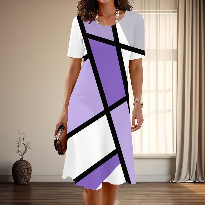 

Жіноча мода витончені прості лінії друку літні весняні короткі рукави O-подібним вирізом повсякденні сукні 8XL фіолетовий