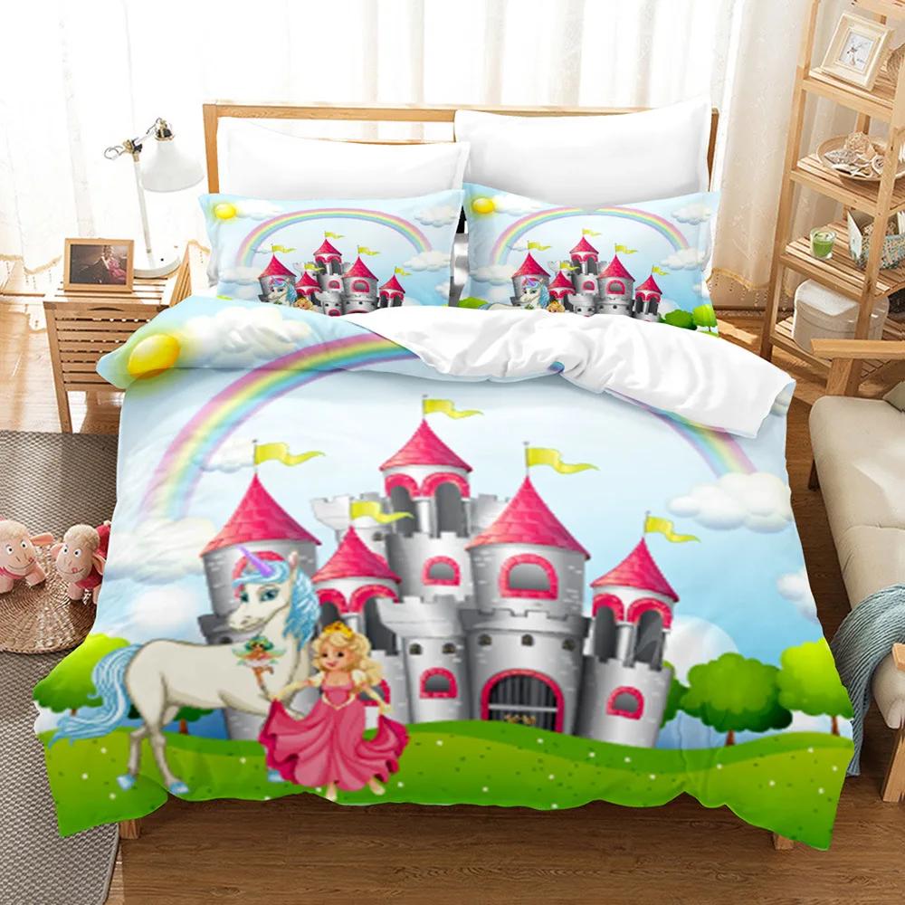 Dream Princess Bed Coer Sets Girl  High Quality Comforter Bedding Sets Duvet Cover Set Castle Cartoon Bedclothes Full