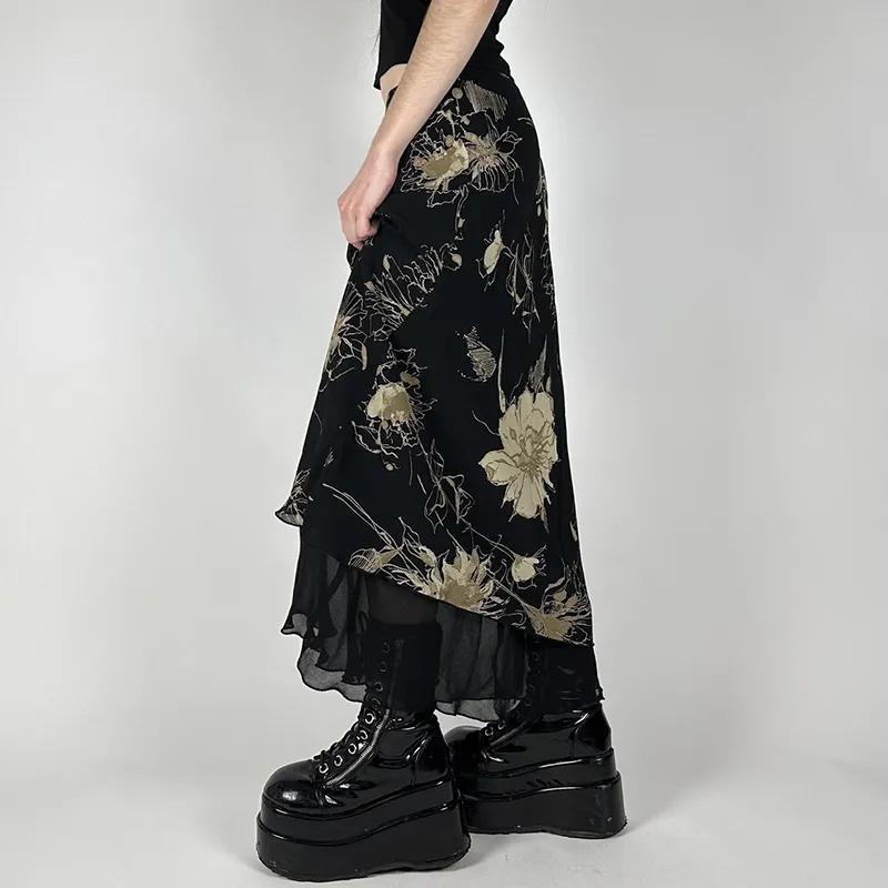 Goth Dark Y2K Aestheics Double Layer Mesh A-line Skirt Women Fashion Florals Print Slim Skirts Fairy Streetwear Gothic Bottoms
