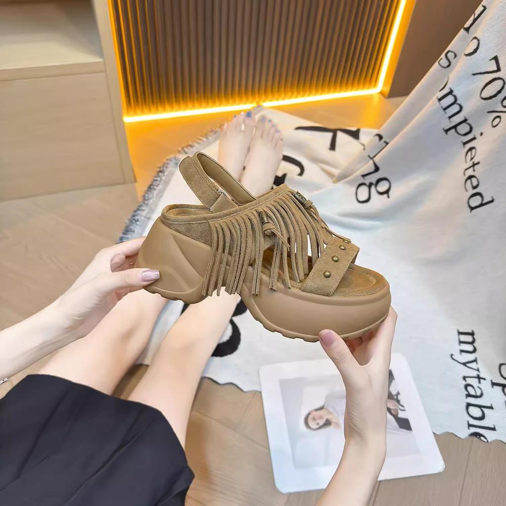 Fashion Bohemia Metal Rivet Decoration Fringe Suede Sandals Women 2025 Summer Chunky Platform Wedge Heel Sandals Casual Back Strap Shoes