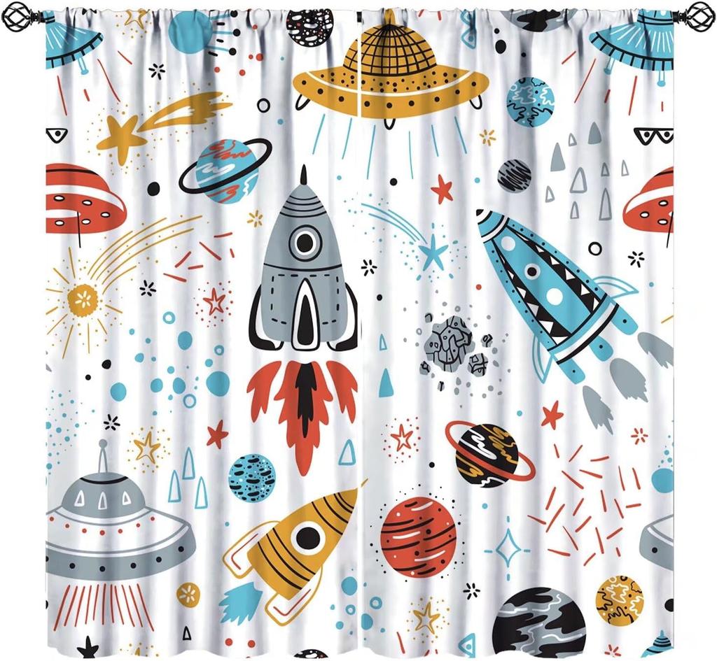 Outer Space Curtains Cartoon Astronaut Rocket Planets Stars Spaceman Universe Galaxy Print Window Kids Boys Made Of Polyester