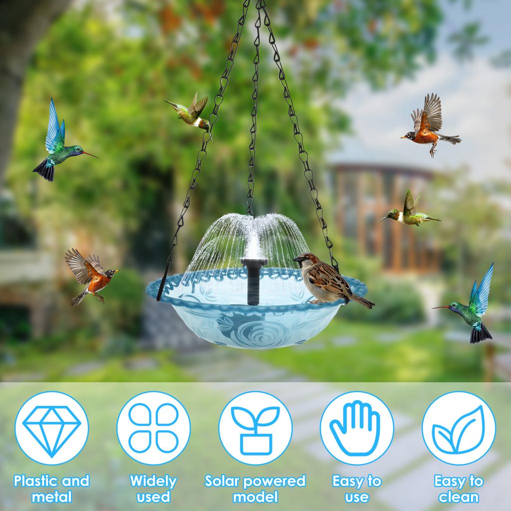 Solar Bird Bath Fountains Pump Plastic Outdoor Hanging Hummingbird Feeder Birdbath with Metal Hook Yard Patio Garden Decoration