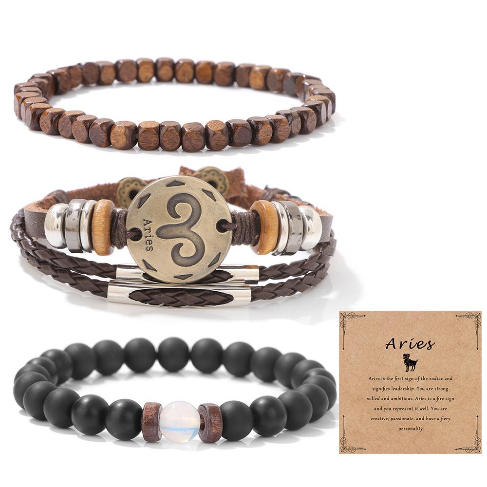 

JYL TS Bracelet Zodiac Set Leather Cord Couple Style Enhances Fate & Mutual Blessing Aries card опівночі зелений колір