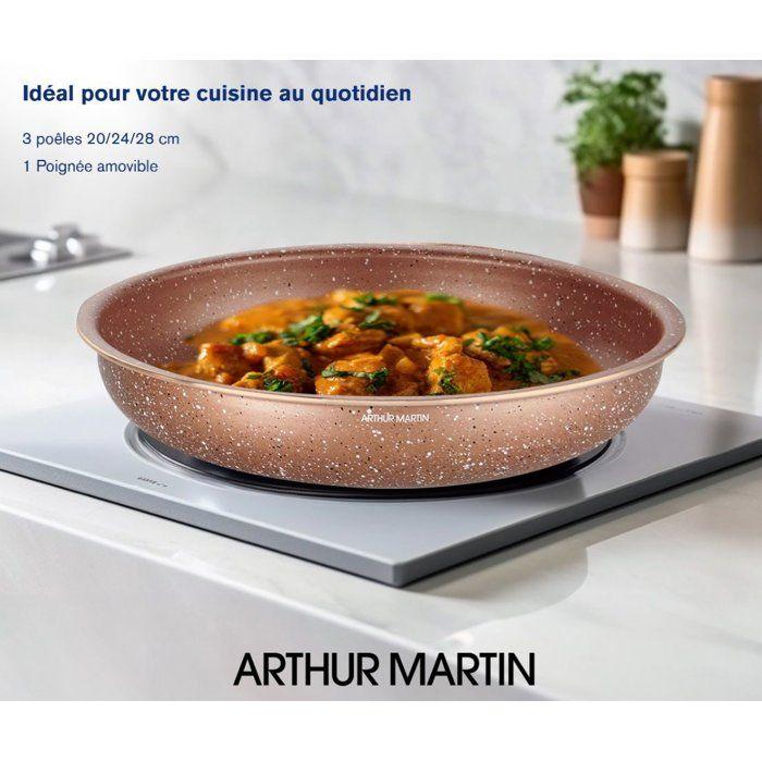 Set of 3 Frying Pans - All Hobs Including Induction - ARTHUR MARTIN - AM9811 - Ø 20, 24 and 28 Cm + 1 Removable Handle - Terracotta