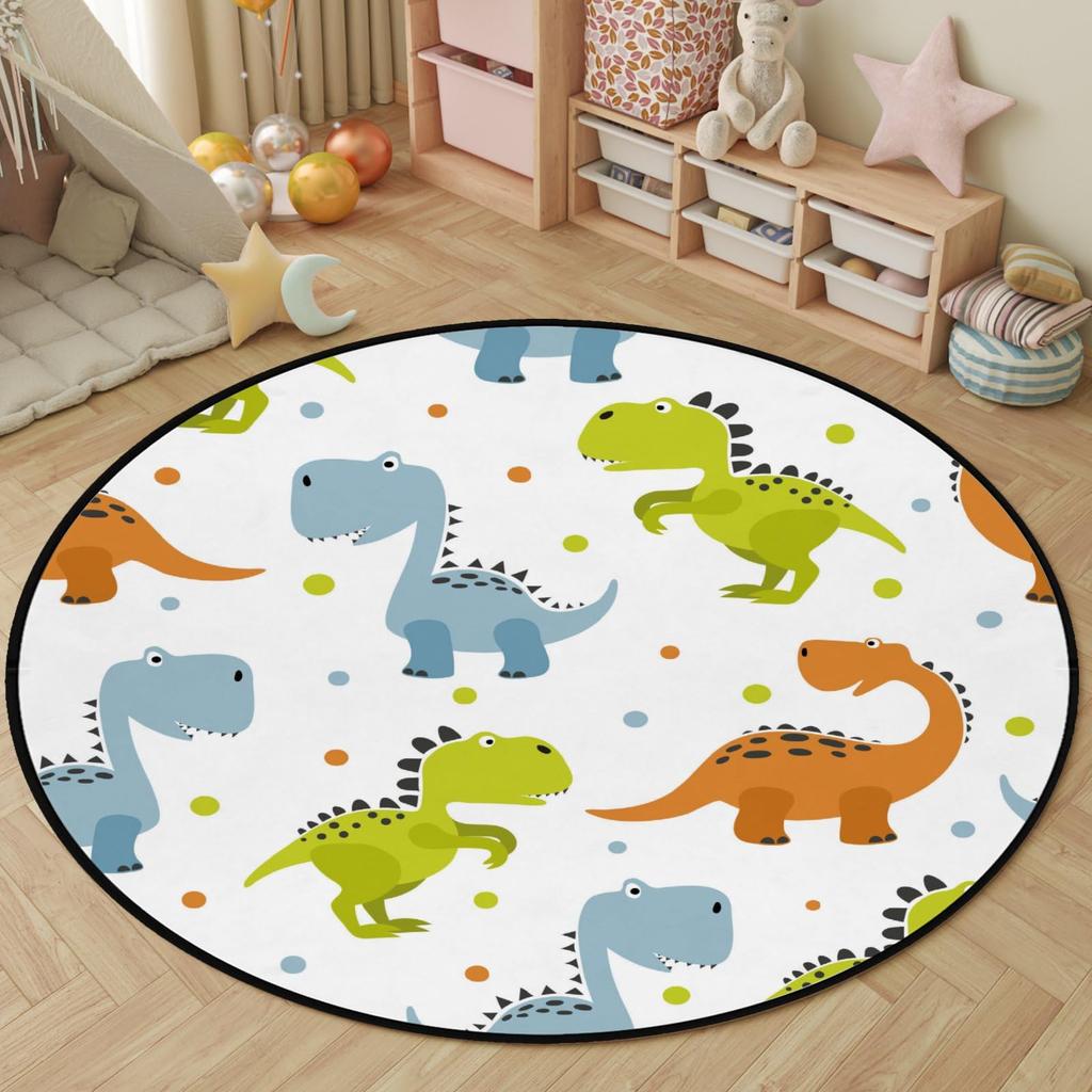 Cartoon Dinosaur Round Carpet Cute Dino Circle Rug for Living Room Playroom Office Laundry Decor Non-slip Comfort Play Yoga Mat