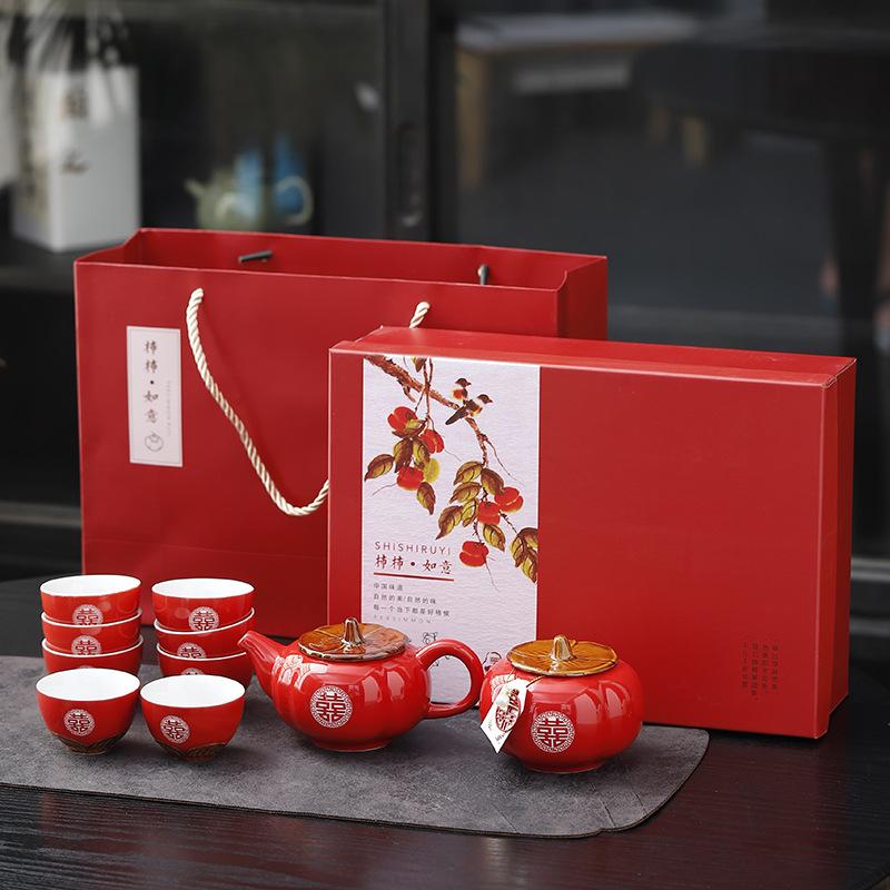 Ceramic Tea Set for Chinese Wedding, Persimmon Teaware, Kung Fu Tea, Porcelain Orange Teapot, Creative Tea Ceremony