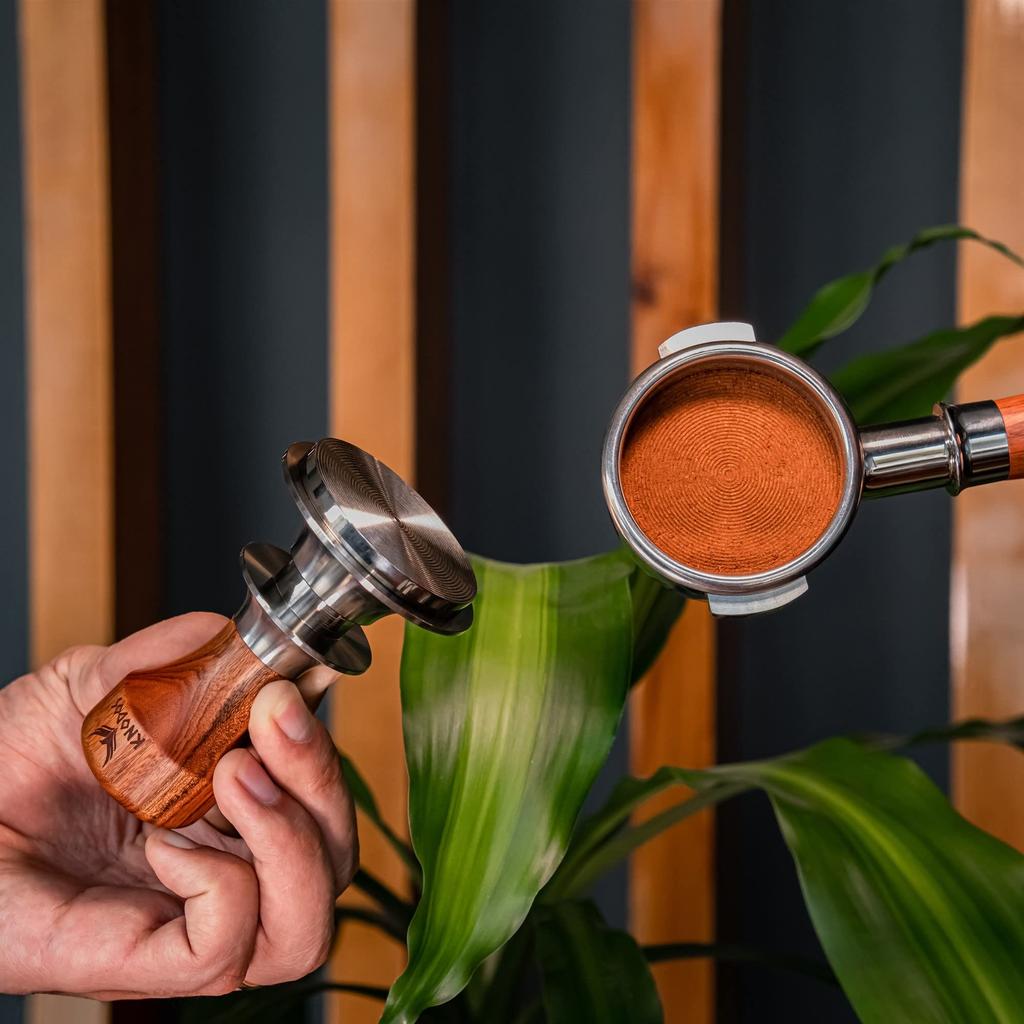 54mm Rosewood Espresso Tamper for Breville Machines. KNODOS Auto-Leveling, Double Spring-Loaded Wooden 30lb Calibrated Coffee Tamper.
