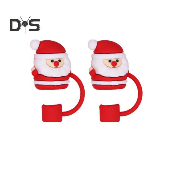 2 szt. Świąteczna silikonowa nakładka na słomkę 10 mm wielokrotnego użytku odporna na kurz nakładka na kubek dekoracja na imprezę Święty Mikołaj bałwan łoś dzwonki choinkowe końcówki słomkowe