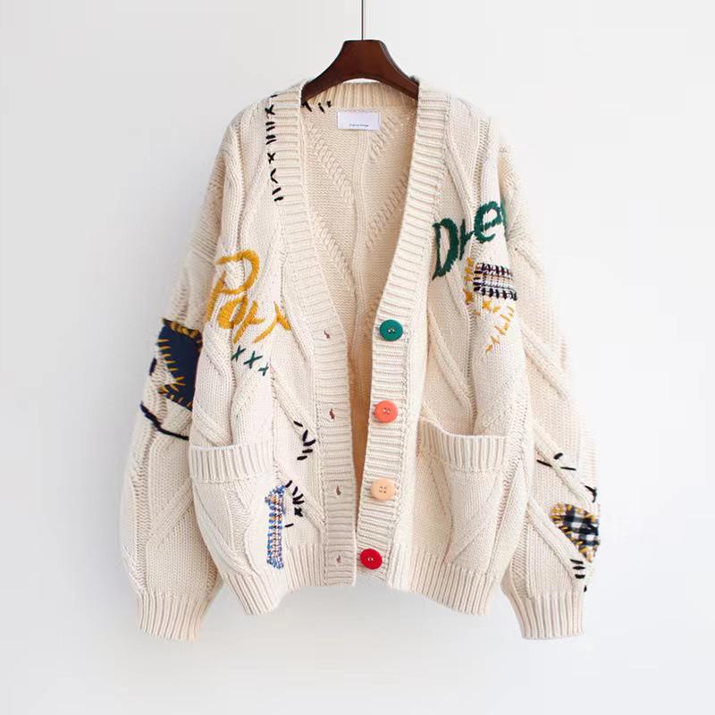 Korean Style Colorful Embroidered V-Neck Knit Sweater Coat for Women - Autumn/Winter