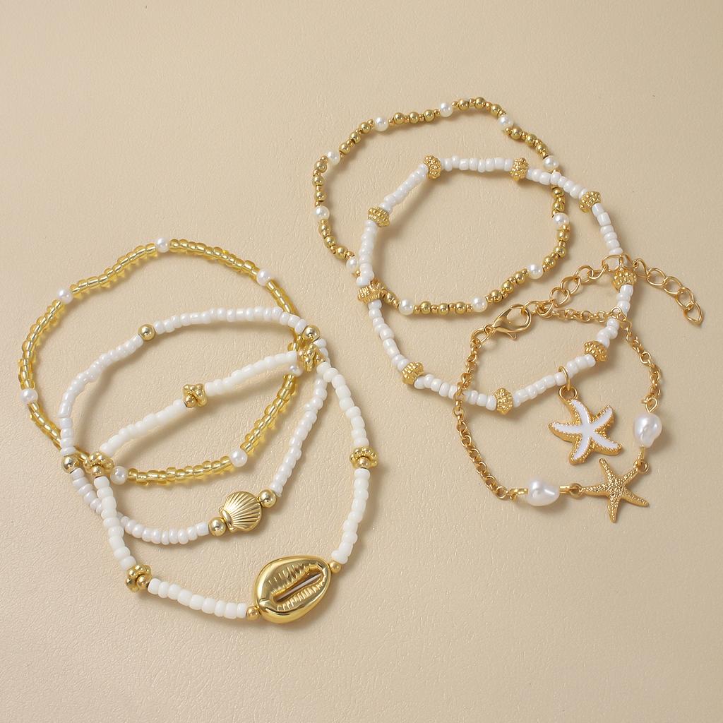 Vintage Seed Bead Stacked Bracelet Set Starfish Shell Embellishment Bracelets Elegant Women's Summer Beach Party Ideal Zircon