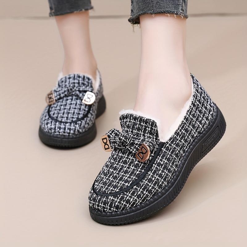 Women's Houndstooth Slip-On Moccasin-Style Shoes - Fleece-Lined Thick & Warm All-Season Comfort, Non-Slip EVA Sole, Round Toe Design with Lining