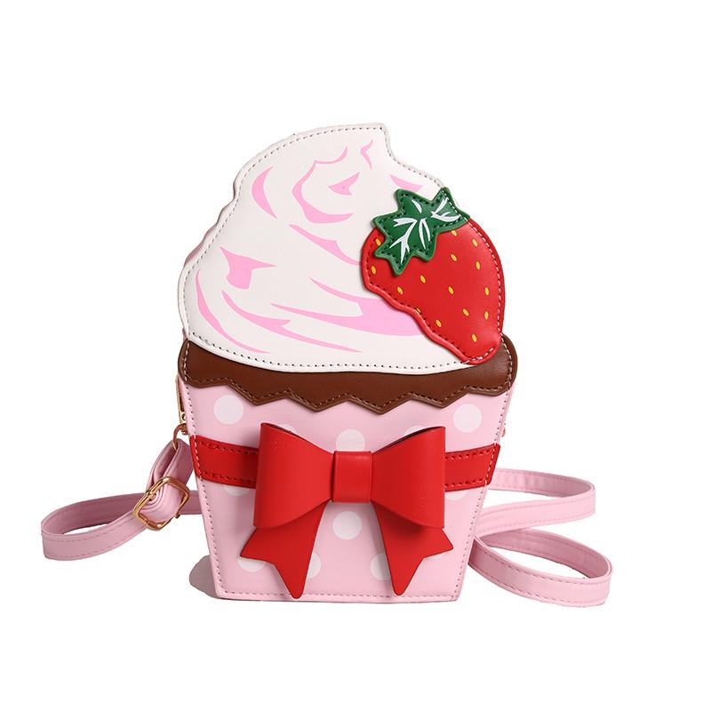 Fashion Creative Girls Ice Cream Purse Cute Bow Cartoon Strawberry Crossbody Bags Ladies Stylish PU Small Side Shoulder Bag