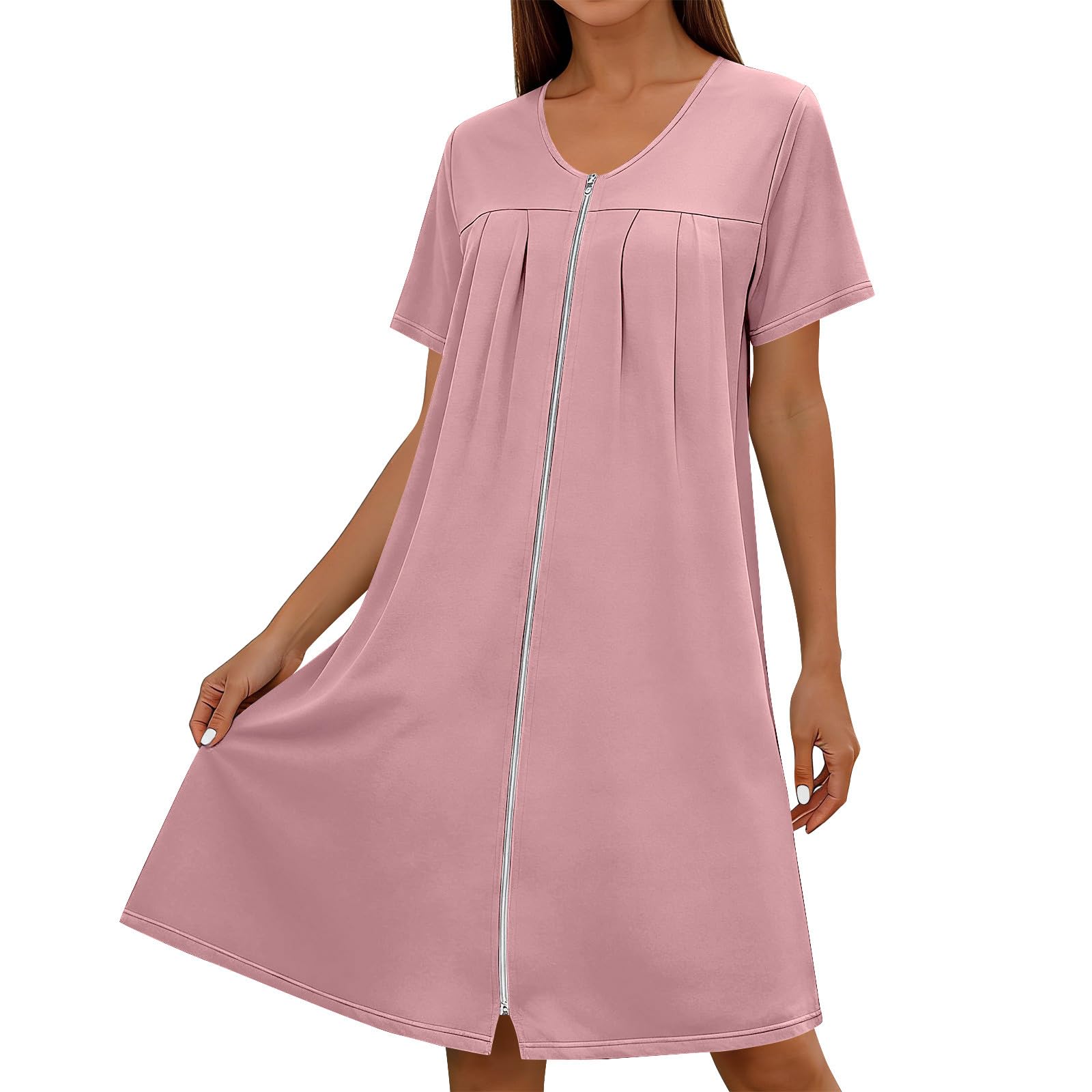 

Women s Casual Short Sleeve Nightgown Loose Fit Zip Front Sleep Dress with Pockets Round Neck Comfortable Homewear M