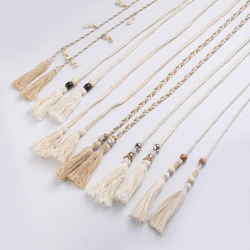 Ethnic Style Cotton Linen Waist Rope With Wooden Beads And Tassels For Casual Wear