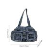 Women'S Washed Denim Tote Bag Multi-Pocket Retro Oblique Span Bag