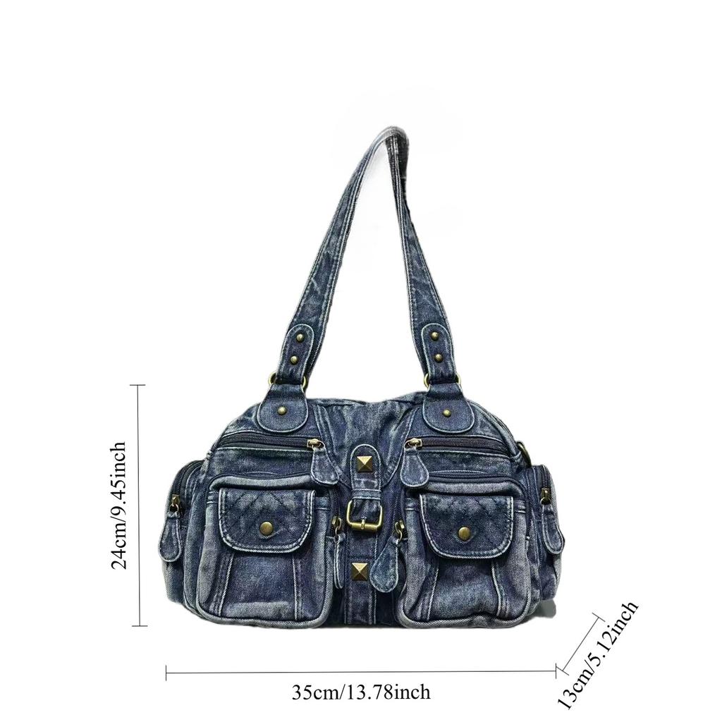 Women'S Washed Denim Tote Bag Multi-Pocket Retro Oblique Span Bag