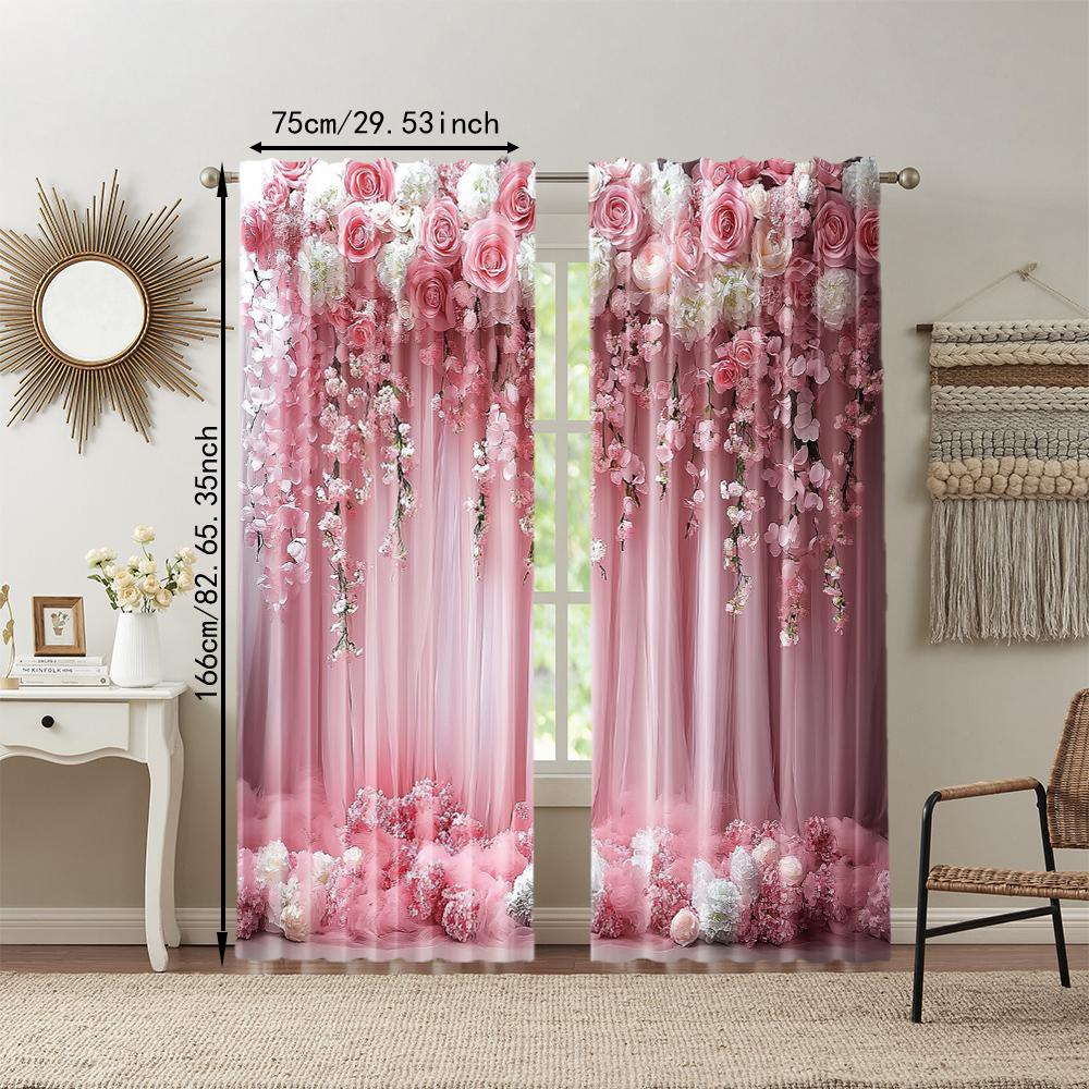 Versatile Polyester Transparent Curtains Home Decoration Pink Floral Use Bedrooms Living Rooms Set Of 2 Made Great Room Decor