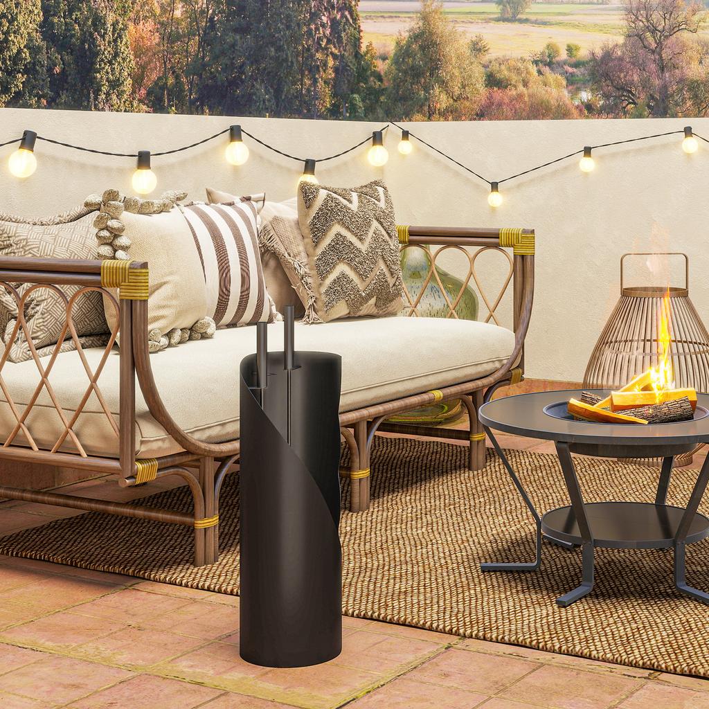 4-Piece Fireplace Tool Set with Broom, Shovel, Poker and Stand, In Metal 20 X 20 X 65 Cm, Black