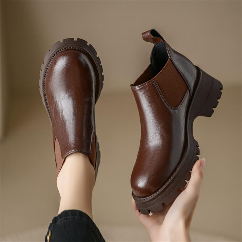 Fashion Autumn Split Leather Ankle Boots Women Round Toe Chunky Heel Platform Boots for Women Winter Short Boots Concise Women Boots