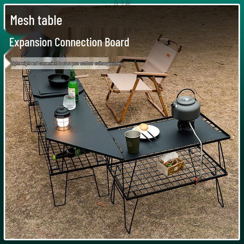 Outdoor Folding Round Table with Mesh Grid and Storage Rack for Camping and Barbecue