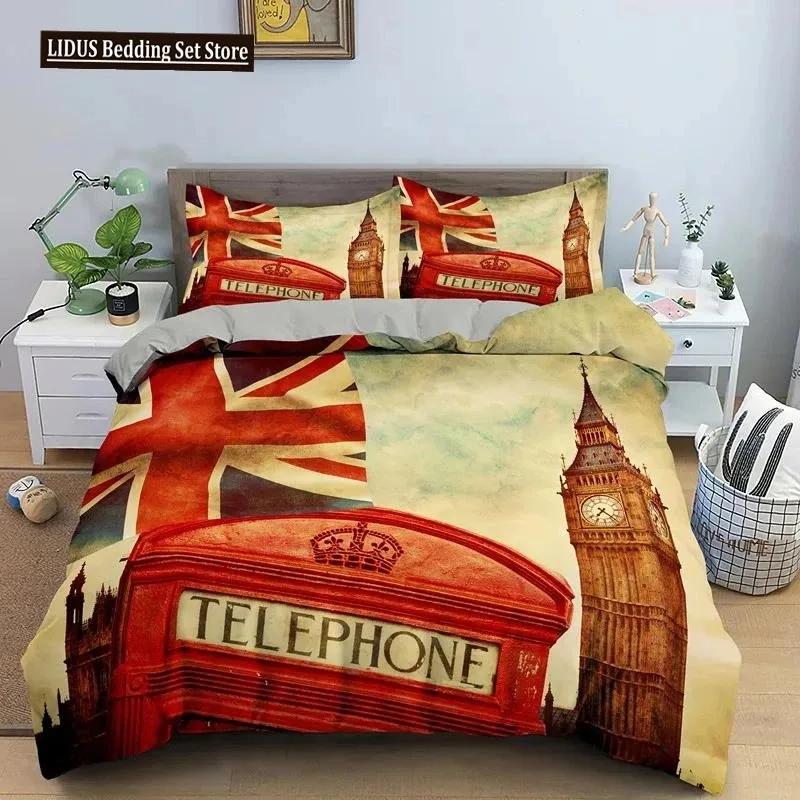 UK London Style King Queen Duvet Cover British Elements Bedding Set for Teens Adults London Bridge Big Ben Polyester Quilt Cover
