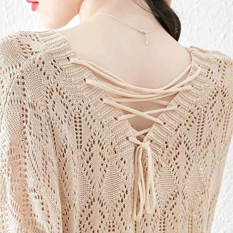 women hollow out knit sweater v neck long sleeve loose fit casual pullover