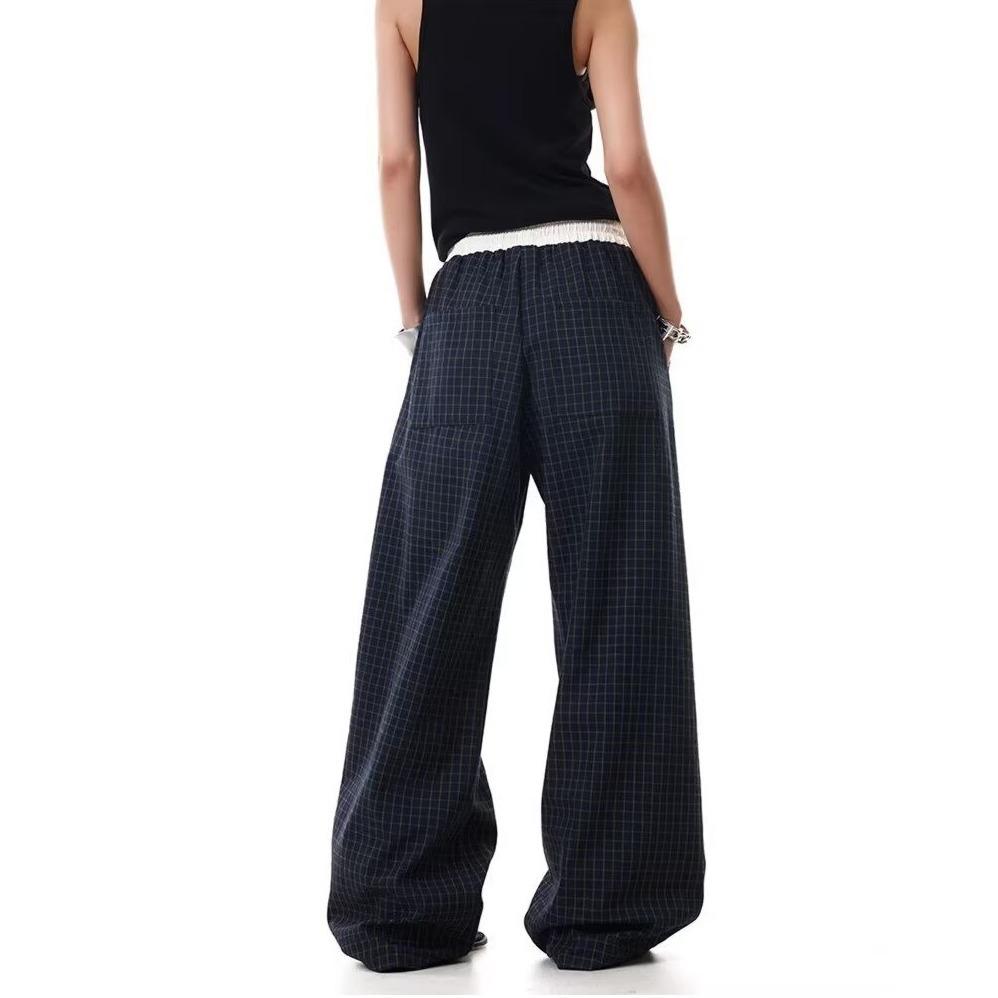American Retro Plaid Unisex Casual Pants with Double Waistband and Drawstring – Banana Wide Leg, Spring/Autumn 2026 Collection