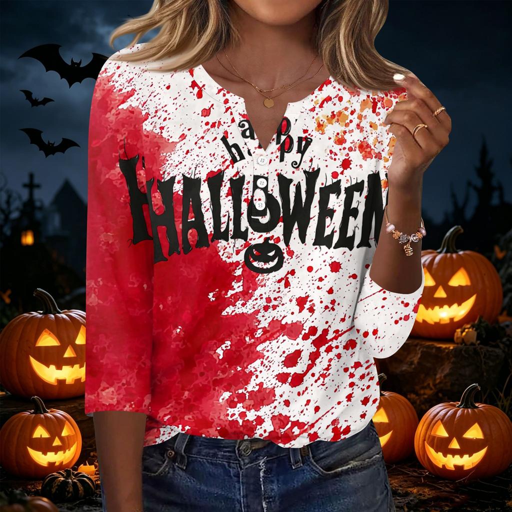 Damen Freizeit Top mit Halloween-Print, Henley-Kragen, Dreiviertelärm, festlichem Grafikdruck und lockerer Passform für die Herbstsaison
