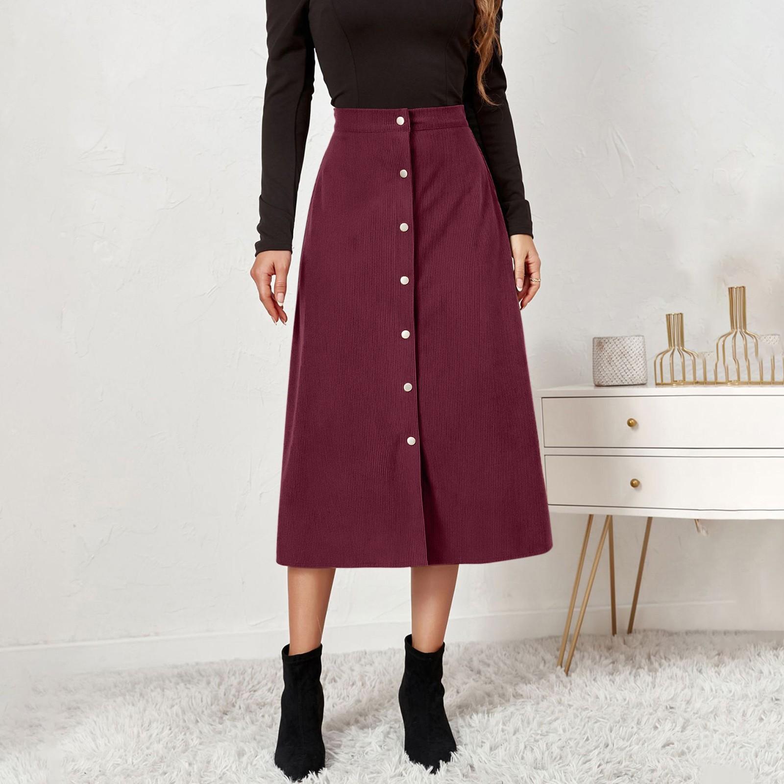 

Женская вельветовая юбка, однобортная длинная юбка с высокой талией XL винный