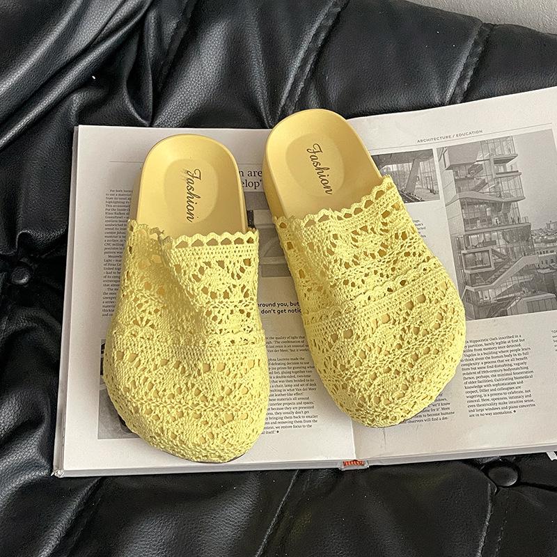 Knitted Hollow Big Head Muffin Thick Bottom Bag Head Drag Women's Summer New Wear Breathable Small Half Slippers