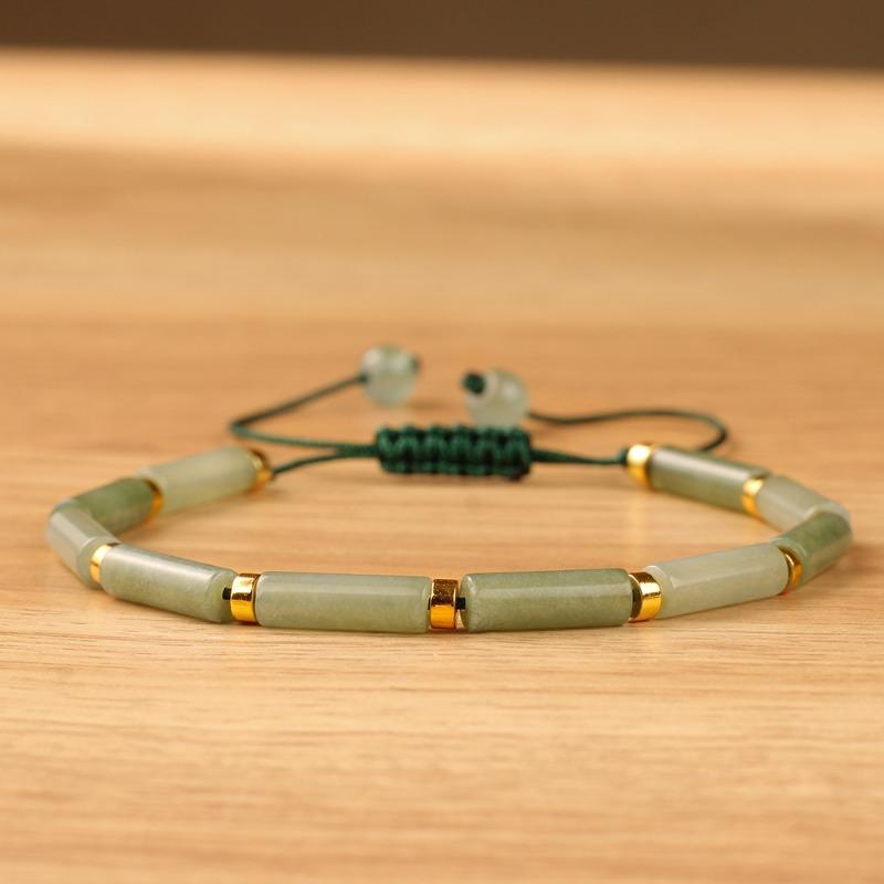 

Green Jade Tube Bead Bracelet – Gold Accent Adjustable Boho Jewelry, Serenity Protection Gift for Men & Women зелений