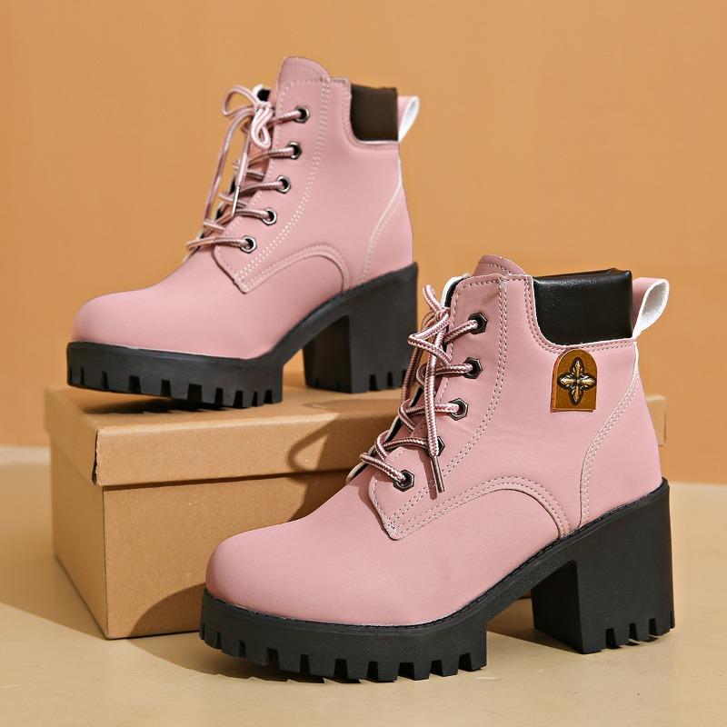 Neue Mode Plateaustiefel für Damen Retro Runde Spitze Grober Absatz Knöchelhohe Stiefel Herbst High Heel Schuhe für Damen Botas Para Mujer