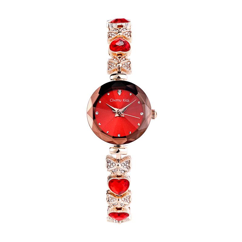 Cimiu Kiai Montre à Quartz Ronde Facettée pour Dames Bracelet Cœur Strassé Nœud Cristal Incrusté Élégante Montre-Bracelet de Soirée de Luxe Cadeau pour Femmes