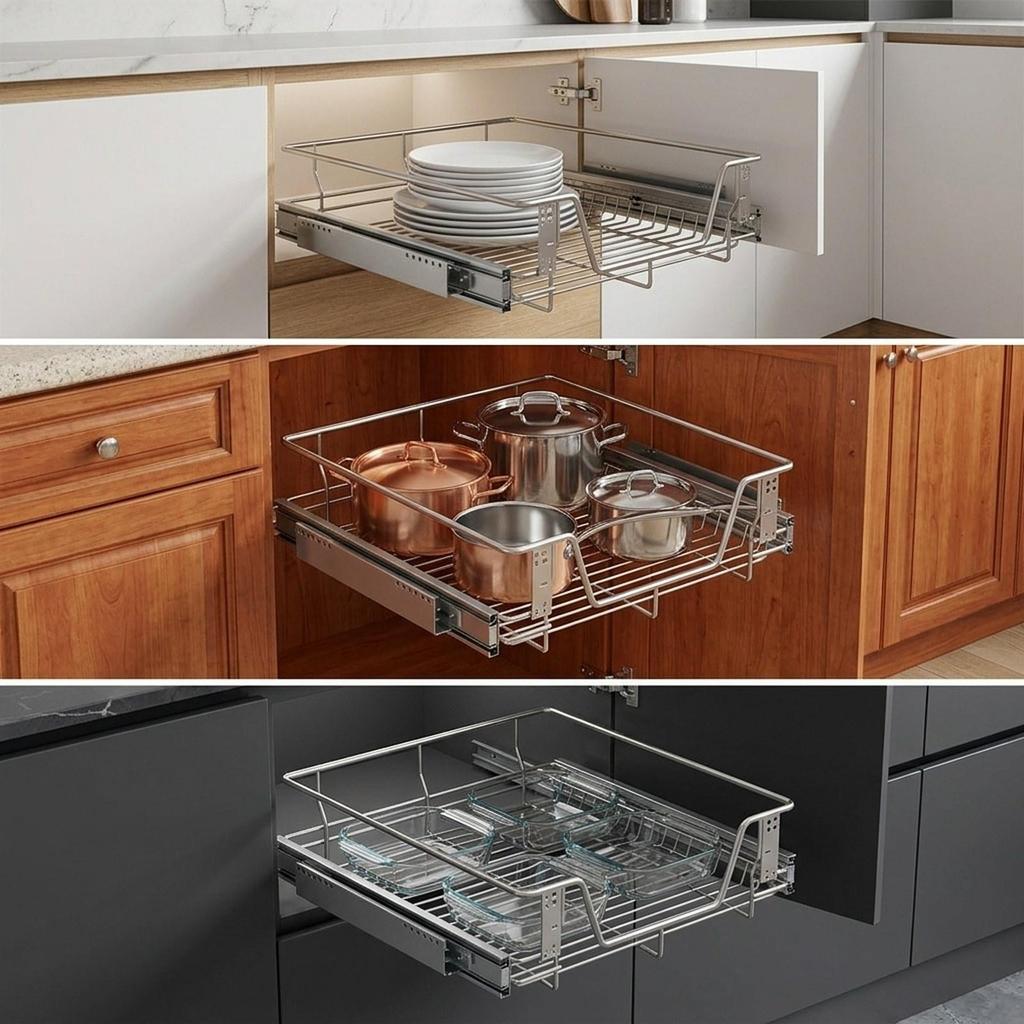 Pull Out Cabinet Organizer Basket Slide Drawer Storage Rack Iron Construction Easy