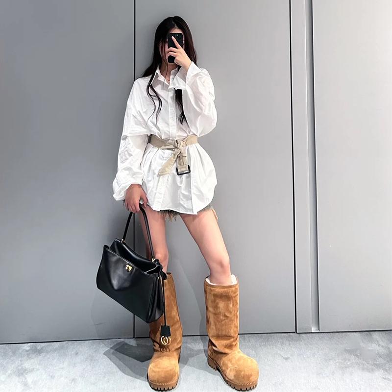 Fashionable Snow Boots Platform Elevating Warm Cotton Shoes Warm Big Head Design Long Boots Ladies All-Over Brown Long Boots