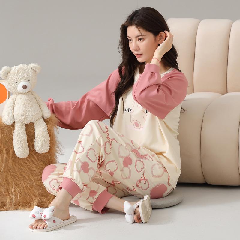 Women's Cartoon Cotton Pajama Set – Long Sleeve, Long Pants, Casual Wear for Spring & Autumn, Wearable Outdoors, Two-Piece.