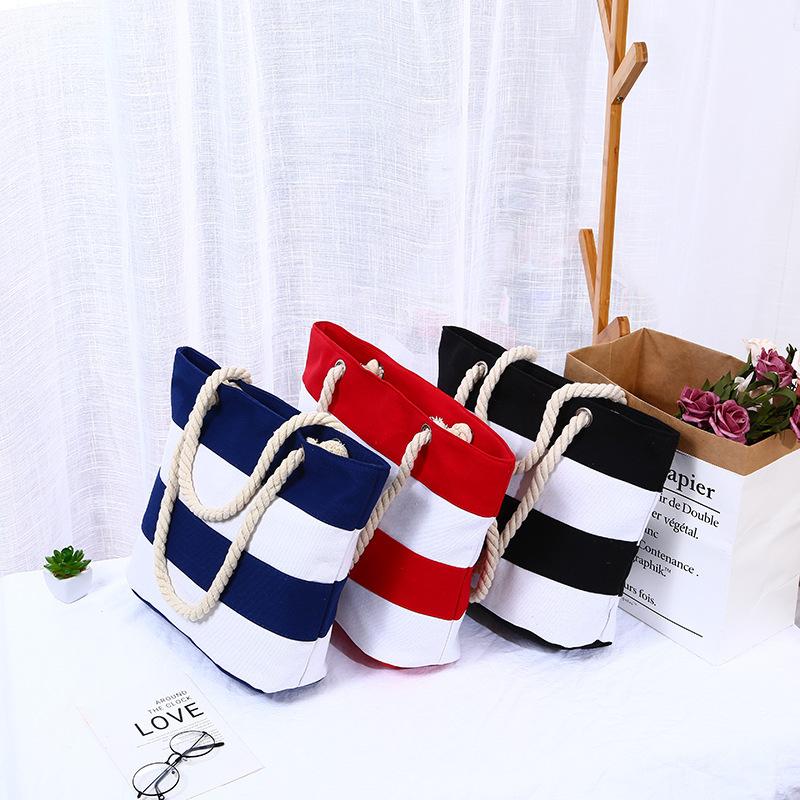 Cotton Rope Portable Canvas Bag Fabric Striped Shoulder Shopping Bag Large Capacity Practical Beach Splicing Shoulder Bag