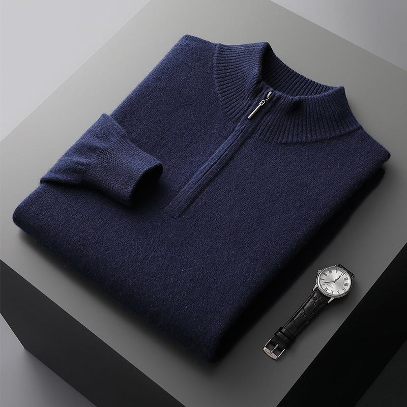 Men's 100% Pure Wool Half-Zip Sweater - Thickened Knit Base Layer for Autumn and Winter