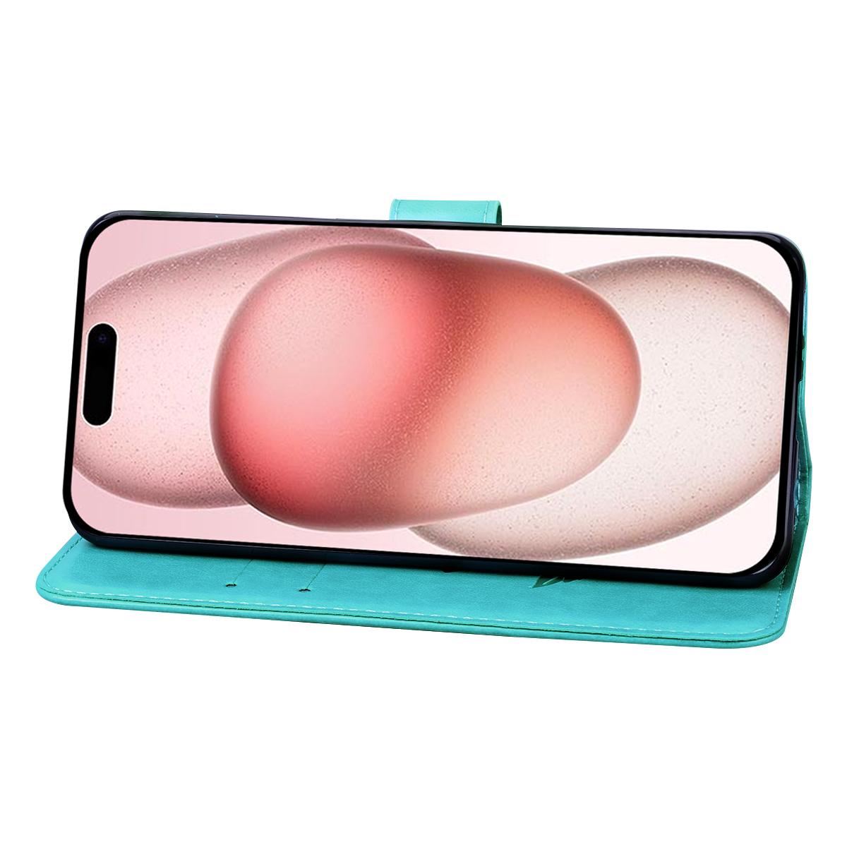 

For iPhone 15 Case Rose Pattern Leather Wallet Phone Cover with Strap Rose Gold